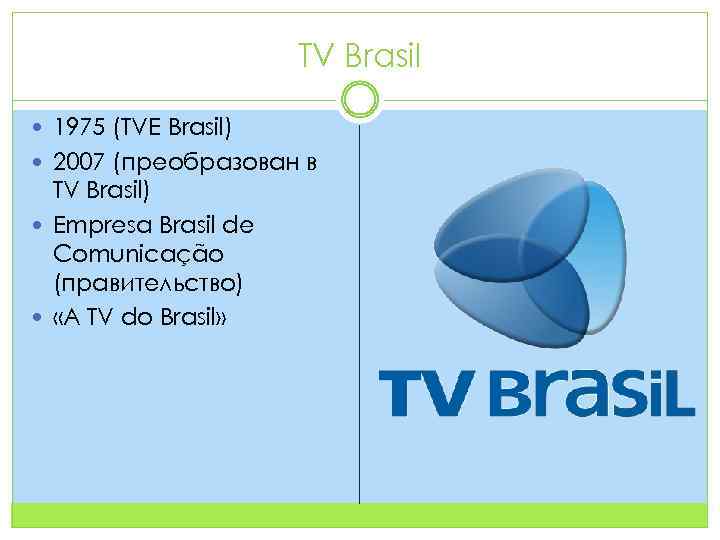 TV Brasil 1975 (TVE Brasil) 2007 (преобразован в TV Brasil) Empresa Brasil de Comunicação