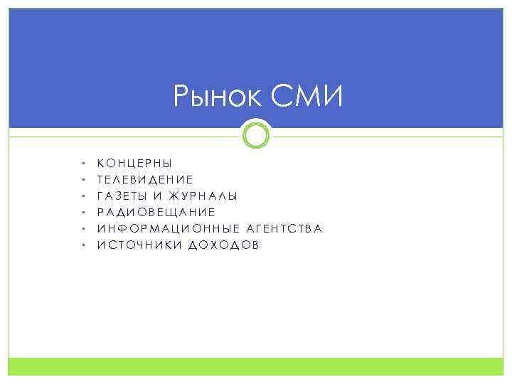 Рынок СМИ • • • КОНЦЕРНЫ ТЕЛЕВИДЕНИЕ ГАЗЕТЫ И ЖУРНАЛЫ РАДИОВЕЩАНИЕ ИНФОРМАЦИОННЫЕ АГЕНТСТВА ИСТОЧНИКИ