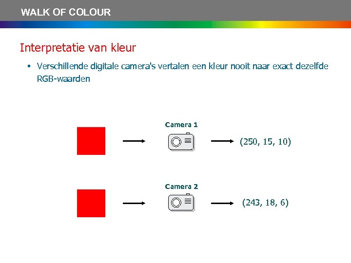 WALK OF COLOUR Interpretatie van kleur § Verschillende digitale camera's vertalen een kleur nooit
