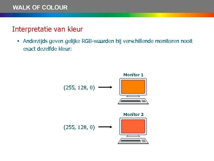 WALK OF COLOUR Interpretatie van kleur § Anderzijds geven gelijke RGB-waarden bij verschillende monitoren