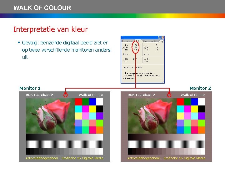 WALK OF COLOUR Interpretatie van kleur § Gevolg: eenzelfde digitaal beeld ziet er op