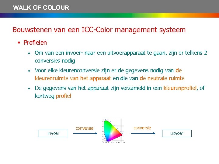 WALK OF COLOUR Bouwstenen van een ICC-Color management systeem § Profielen • Om van