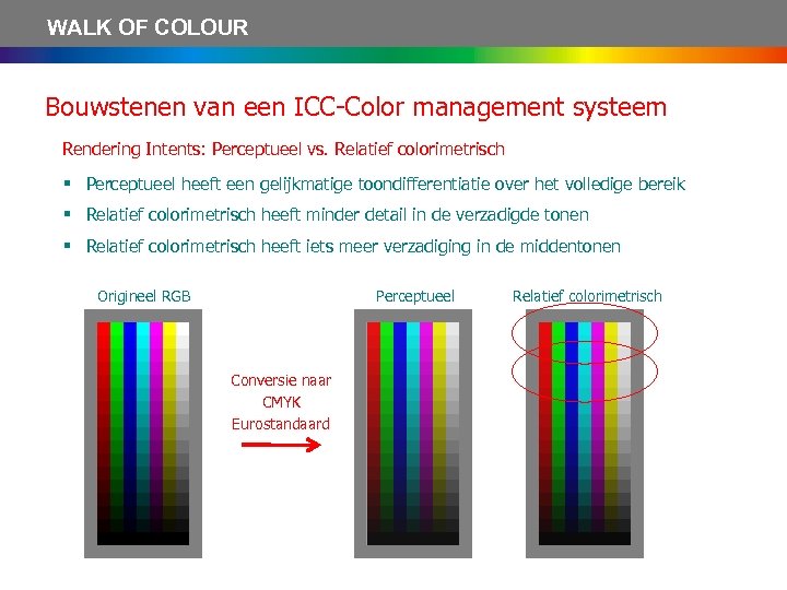 WALK OF COLOUR Bouwstenen van een ICC-Color management systeem Rendering Intents: Perceptueel vs. Relatief