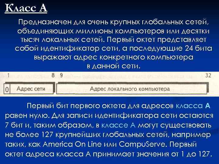 Класс A Предназначен для очень крупных глобальных сетей, объединяющих миллионы компьютеров или десятки тысяч