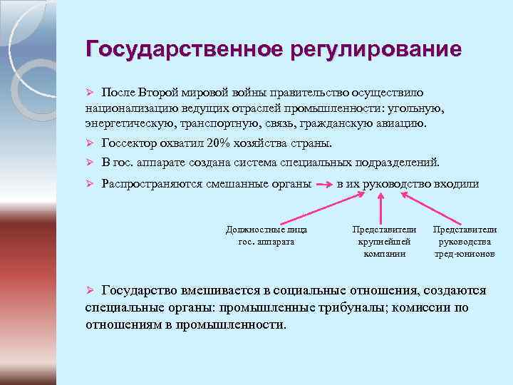 Государственное регулирование После Второй мировой войны правительство осуществило национализацию ведущих отраслей промышленности: угольную, энергетическую,