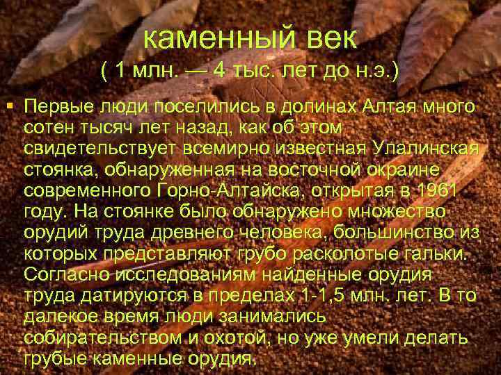 каменный век ( 1 млн. — 4 тыс. лет до н. э. ) §