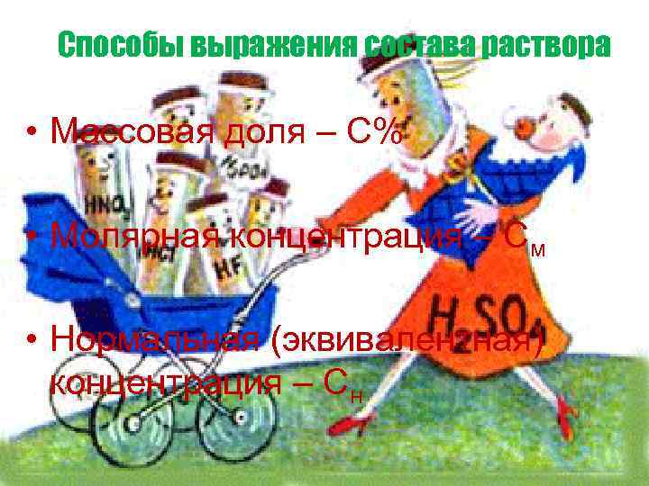 Способы выражения состава раствора • Массовая доля – С% • Молярная концентрация – См