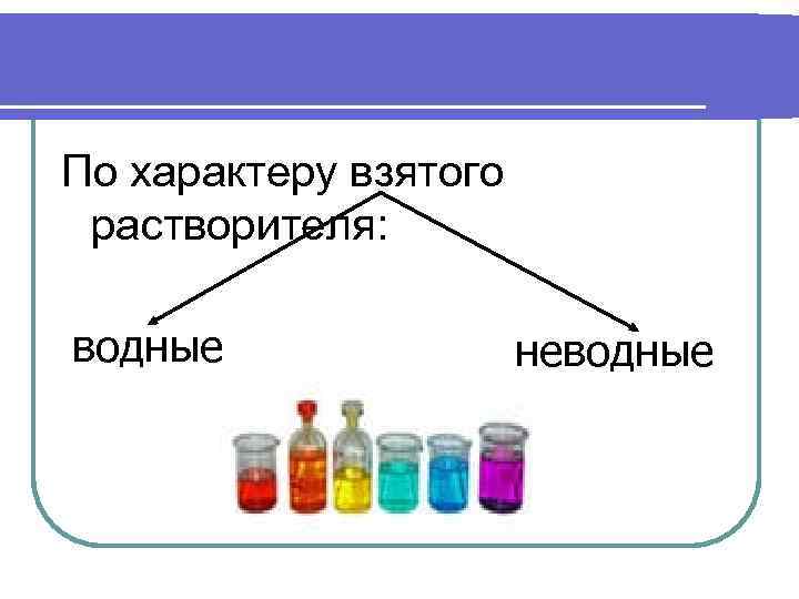 По характеру взятого растворителя: водные неводные 