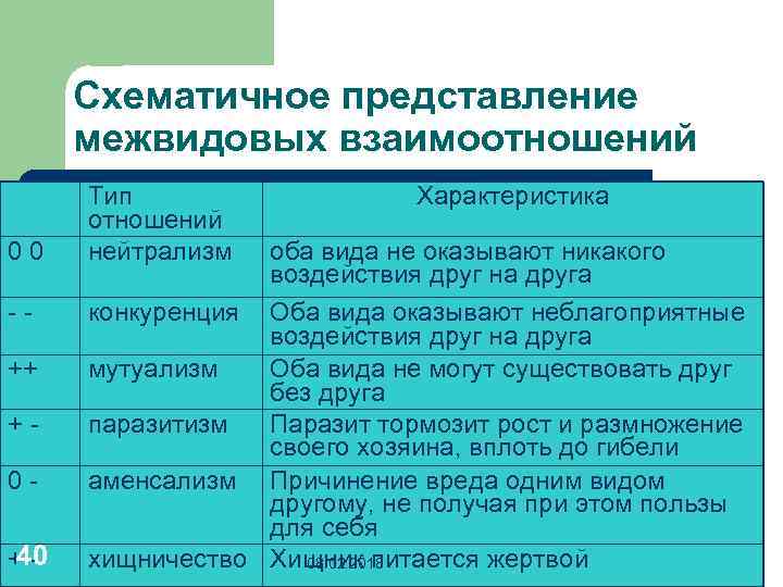 Возможные варианты межвидовых отношений схема