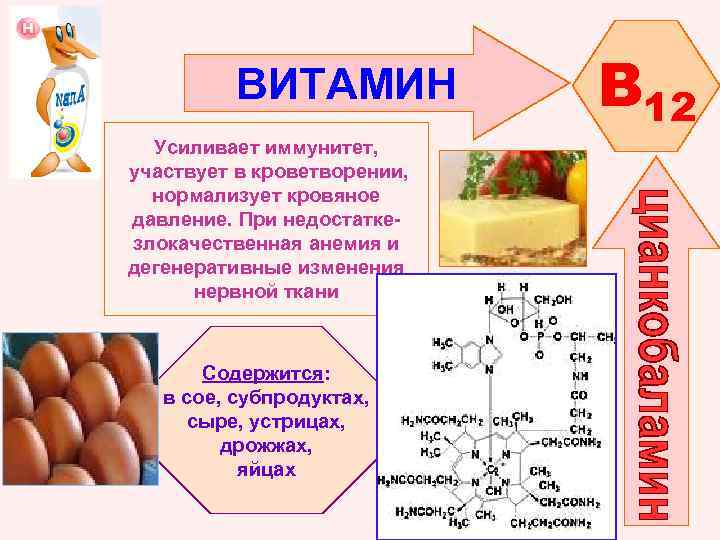 ВИТАМИН Усиливает иммунитет, участвует в кроветворении, нормализует кровяное давление. При недостаткезлокачественная анемия и дегенеративные