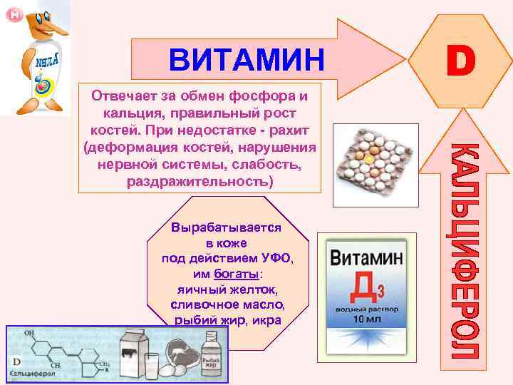 ВИТАМИН Отвечает за обмен фосфора и кальция, правильный рост костей. При недостатке - рахит