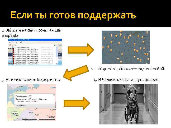 Если ты готов поддержать 1. Зайдите на сайт проекта «Шаг вперёд!» 2. Найди того,
