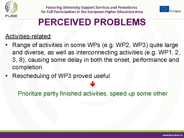 PERCEIVED PROBLEMS Activities-related: • Range of activities in some WPs (e. g. WP 2,