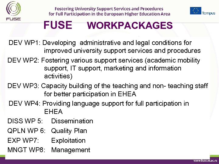 FUSE WORKPACKAGES DEV WP 1: Developing administrative and legal conditions for improved university support