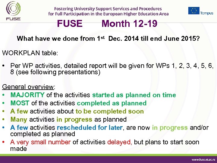 FUSE Month 12 -19 What have we done from 1 st Dec. 2014 till