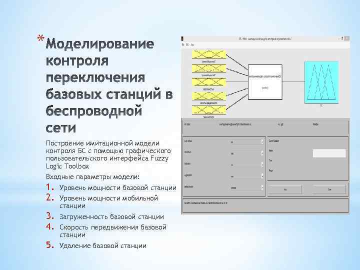 * Построение имитационной модели контроля БС с помощью графического пользовательского интерфейса Fuzzy Logic Toolbox