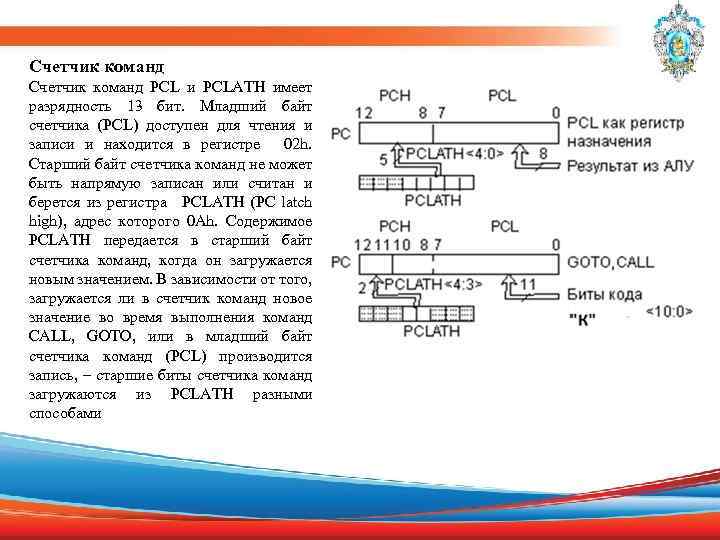 Счетчик команд PCL и PCLATH имеет разрядность 13 бит. Младший байт счетчика (PCL) доступен