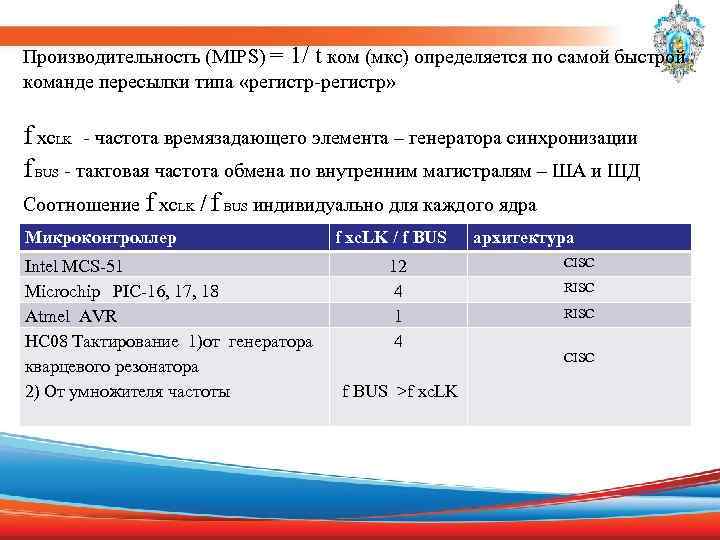 Производительность (MIPS) = 1/ t ком (мкс) определяется по самой быстрой команде пересылки типа