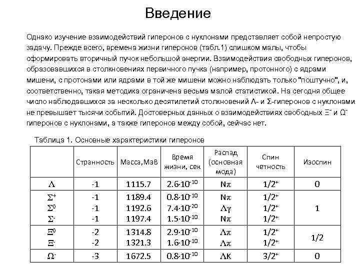 Введение Однако изучение взаимодействий гиперонов с нуклонами представляет собой непростую задачу. Прежде всего, времена