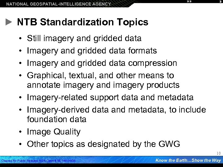 NATIONAL GEOSPATIAL-INTELLIGENCE AGENCY NTB Standardization Topics • • Still imagery and gridded data Imagery