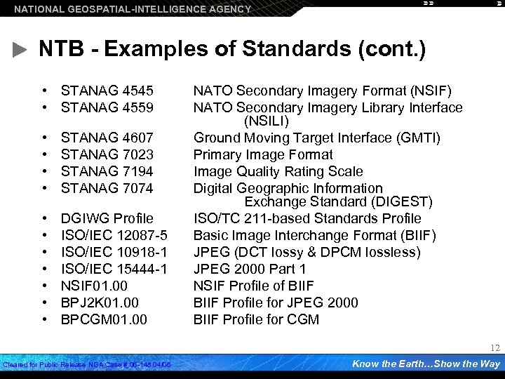 NATIONAL GEOSPATIAL-INTELLIGENCE AGENCY NTB - Examples of Standards (cont. ) • STANAG 4545 •