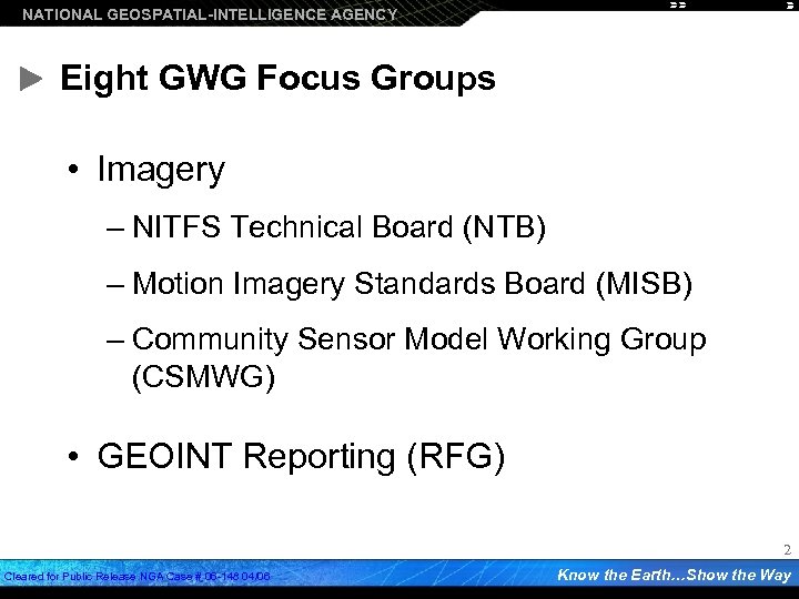 NATIONAL GEOSPATIAL-INTELLIGENCE AGENCY Eight GWG Focus Groups • Imagery – NITFS Technical Board (NTB)