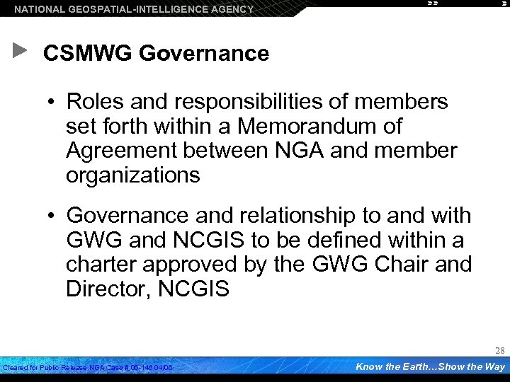 NATIONAL GEOSPATIAL-INTELLIGENCE AGENCY CSMWG Governance • Roles and responsibilities of members set forth within