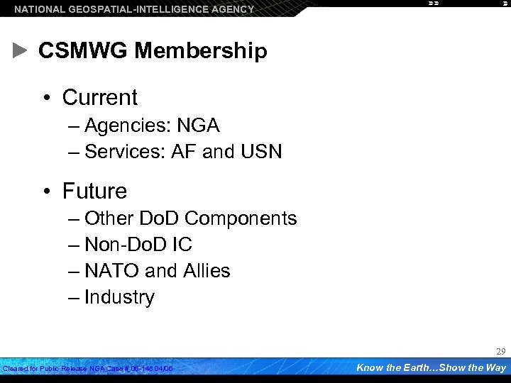 NATIONAL GEOSPATIAL-INTELLIGENCE AGENCY CSMWG Membership • Current – Agencies: NGA – Services: AF and