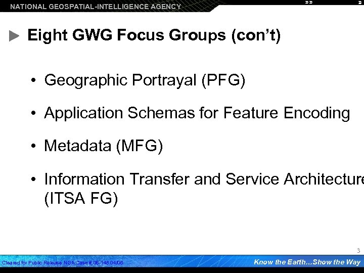 NATIONAL GEOSPATIAL-INTELLIGENCE AGENCY Eight GWG Focus Groups (con’t) • Geographic Portrayal (PFG) • Application