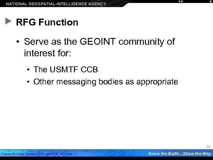 NATIONAL GEOSPATIAL-INTELLIGENCE AGENCY RFG Function • Serve as the GEOINT community of interest for: