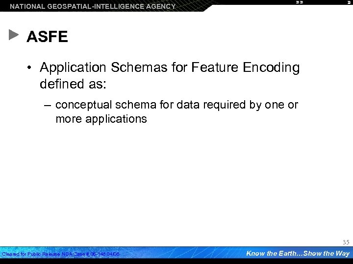 NATIONAL GEOSPATIAL-INTELLIGENCE AGENCY ASFE • Application Schemas for Feature Encoding defined as: – conceptual