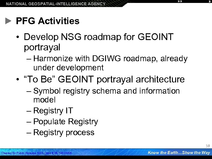 NATIONAL GEOSPATIAL-INTELLIGENCE AGENCY PFG Activities • Develop NSG roadmap for GEOINT portrayal – Harmonize