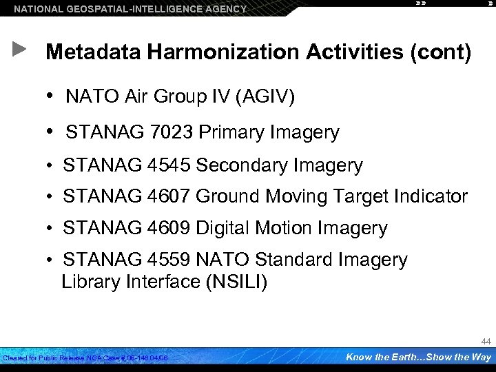 NATIONAL GEOSPATIAL-INTELLIGENCE AGENCY Metadata Harmonization Activities (cont) • NATO Air Group IV (AGIV) •