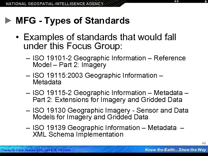 NATIONAL GEOSPATIAL-INTELLIGENCE AGENCY MFG - Types of Standards • Examples of standards that would