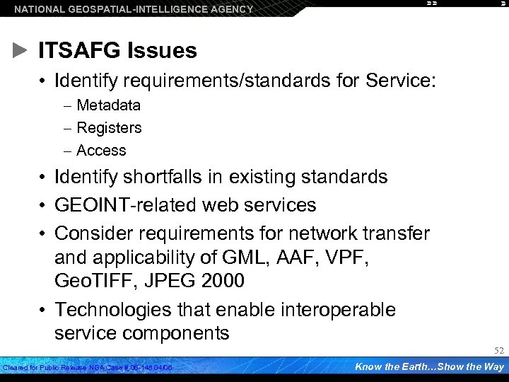 NATIONAL GEOSPATIAL-INTELLIGENCE AGENCY ITSAFG Issues • Identify requirements/standards for Service: – Metadata – Registers