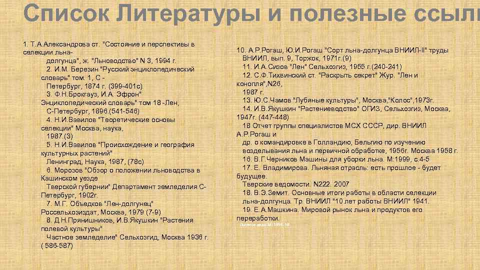 Список Литературы и полезные ссылк 1. Т. А. Александрова ст. "Состояние и перспективы в