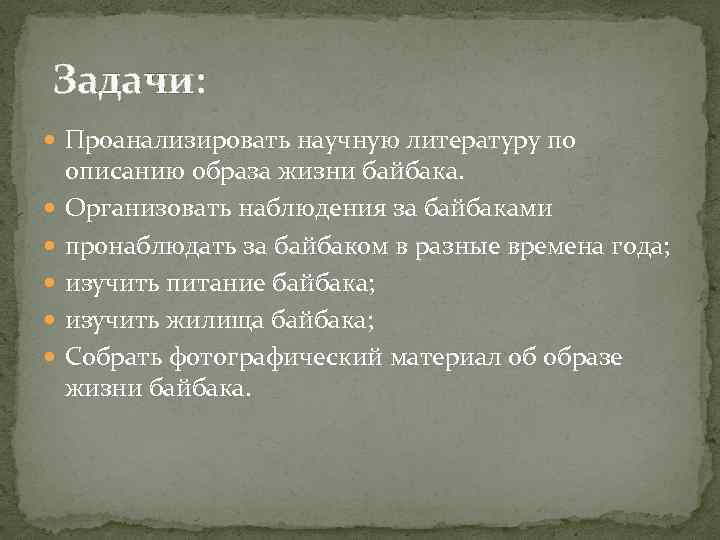  Задачи: Проанализировать научную литературу по описанию образа жизни байбака. Организовать наблюдения за байбаками