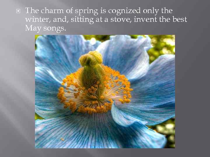  The charm of spring is cognized only the winter, and, sitting at a