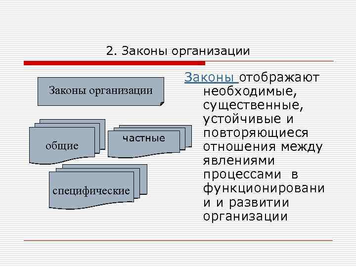 2. Законы организации общие частные специфические Законы отображают необходимые, существенные, устойчивые и повторяющиеся отношения