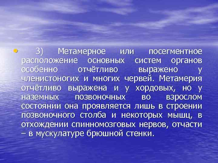  • 3) Метамерное или посегментное расположение основных систем органов особенно отчётливо выражено у