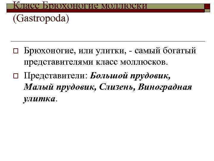Класс Брюхоногие моллюски (Gastropoda) o o Брюхоногие, или улитки, - самый богатый представителями класс