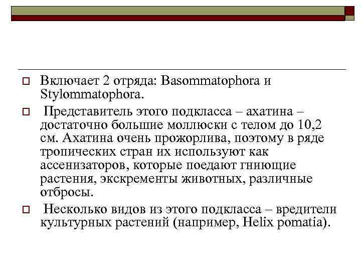 o o o Включает 2 отряда: Basommatophora и Stylommatophora. Представитель этого подкласса – ахатина