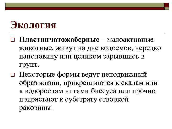 Экология o o Пластинчатожаберные – малоактивные животные, живут на дне водоемов, нередко наполовину или