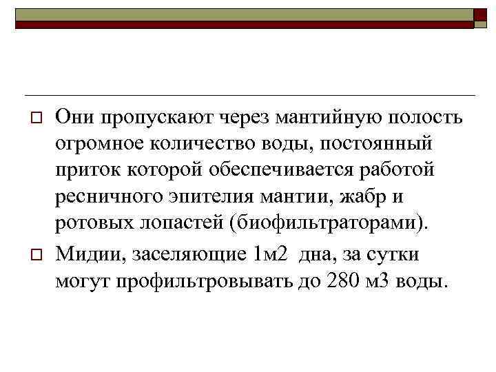 o o Они пропускают через мантийную полость огромное количество воды, постоянный приток которой обеспечивается