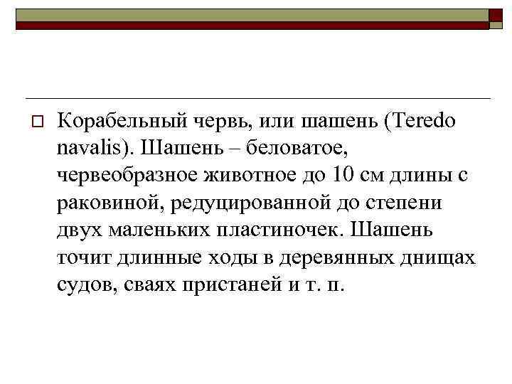 o Корабельный червь, или шашень (Teredo navalis). Шашень – беловатое, червеобразное животное до 10