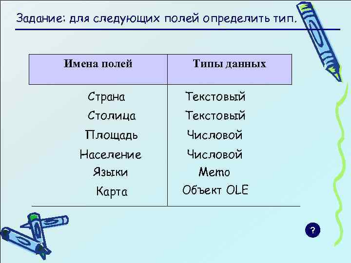 Задание: для следующих полей определить тип. Имена полей Типы данных Страна Текстовый Столица Текстовый