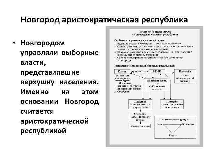 Новгород аристократическая республика • Новгородом управляли выборные власти, представлявшие верхушку населения. Именно на этом