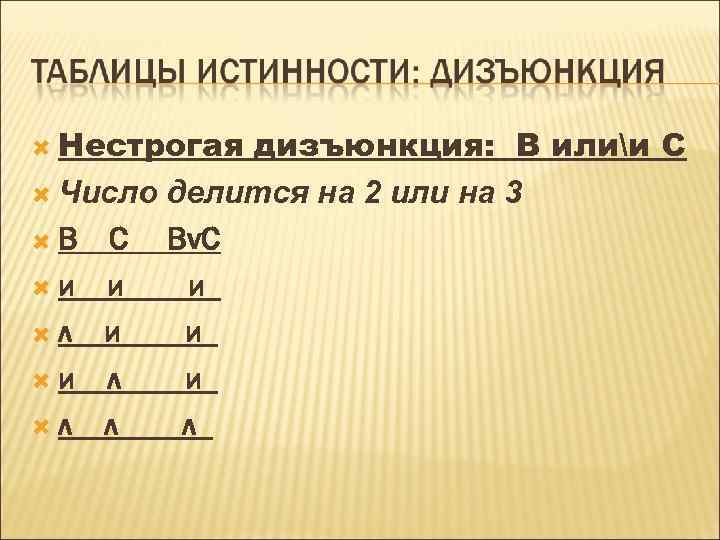  Нестрогая дизъюнкция: В илии С Число делится на 2 или на 3 В