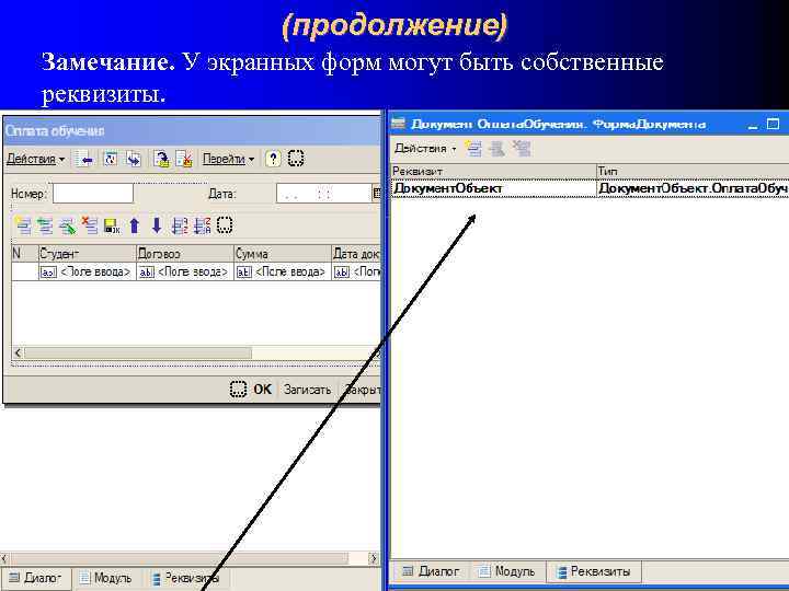 (продолжение) Замечание. У экранных форм могут быть собственные реквизиты. 