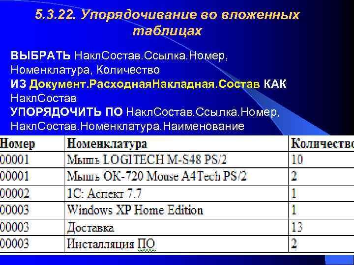 5. 3. 22. Упорядочивание во вложенных таблицах ВЫБРАТЬ Накл. Состав. Ссылка. Номер, Номенклатура, Количество